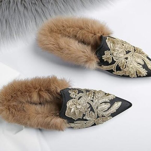 Neiman Marcus Black Satin Velvet Embroidered Lamb Fur Loafers - Picture 3 of 5